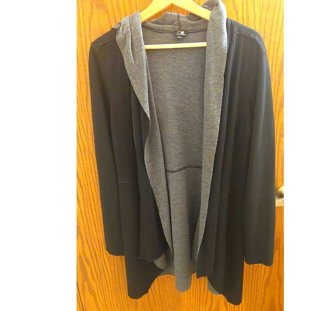 Cable & Gauge Black Gray Hooded Open Front Cardigan Sweater Large